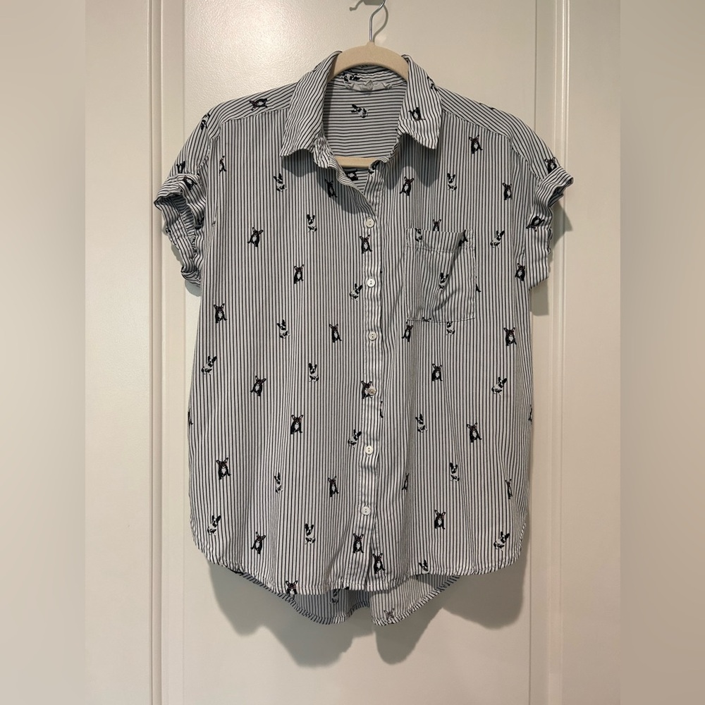 Jane and Delancey Black and White Striped Button-Down Top with Cat Print